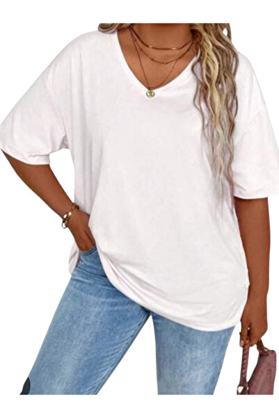 OEM Tricou casual dama, alb, simplu, cu decolteu in V, XL