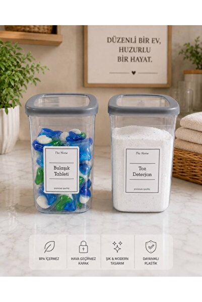 FBZhome Etiketli 2'li 2000 Ml Toz Deterjan & Tablet Saklama Kabı Kapaklı 2 Li...