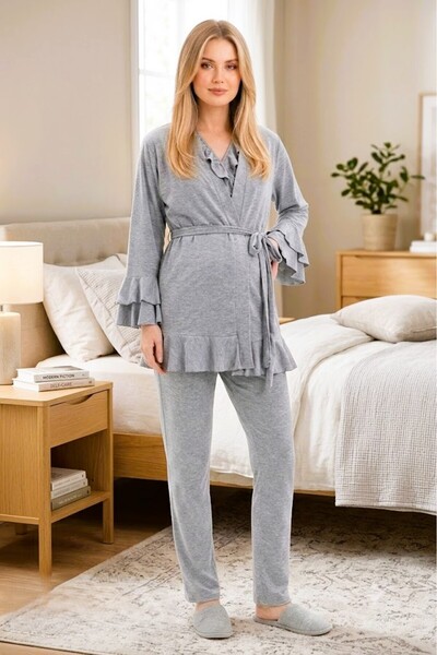 Lohusa Dünyasi Women's Gray Volan Sleeve New Season 3-Piece Maternity Pajama ...