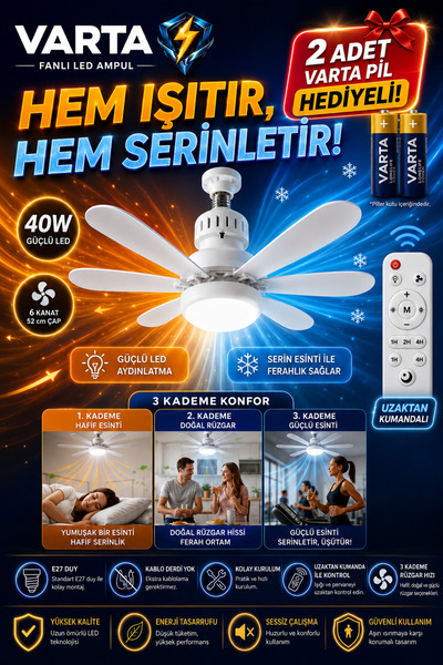 Varta Fanlı LED Ampul 40W E27 Kumandalı 6 Kanat Pervane Ampul 3 Hız Ayarlı 3 ...
