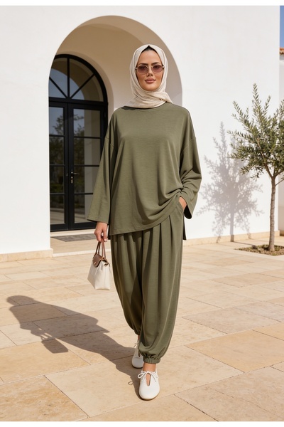 Aselim Hijap Moda Pike Modal Şalvar Pantolon Model Oversize Takım – Yeşil