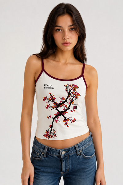 None Wear White Cherry Blossom Red Stripe Collar Y2K Short Sleeve Crop