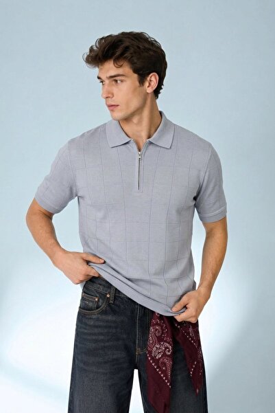 Maccali Men's Short Sleeve Striped Knitwear Gray Polo Collar t Shirt