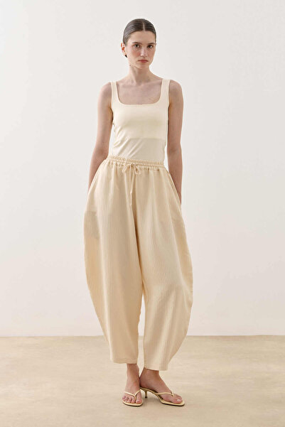 Fahhar Striped Textured Barrel Trousers Ecru