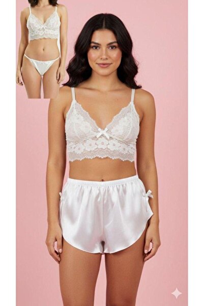 BEYAZ DANTEL BRALET, SATEN ŞORT VE STRİNG KÜLOT 3'LÜ TAKIM