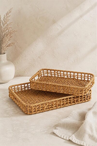 GLAMZE 2'li Rattan Tepsi 30*20 cm 32*25 cm