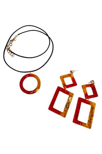 OEM Set de pandantiv și cercei, Unic, model geometric, roșu, galben, auriu