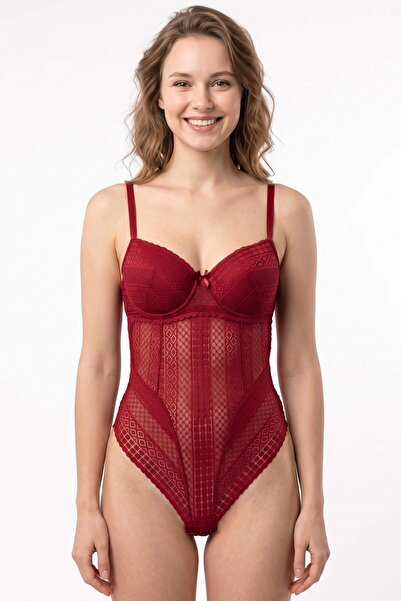 hadiora Premium Dantel Detaylı Destekli Bodysuit - Modern Kesim Bordo Bady