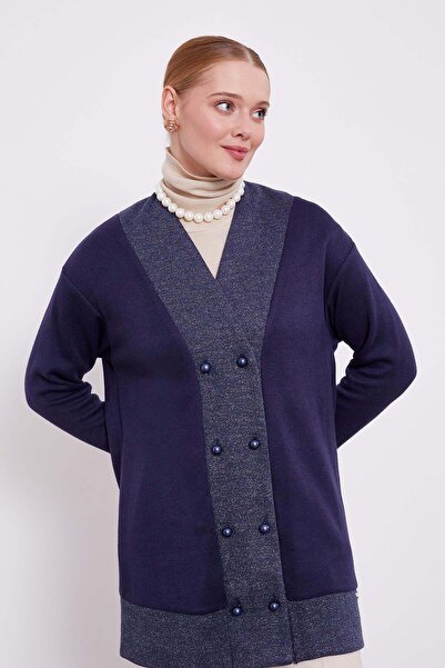 Levidor Navy Blue Pearl Buttoned Cashmere Cardigan