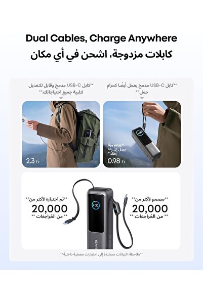 Anker شاحن باور بانك فائق السرعة، 25000 مللي أمبير، 165 واط، لجهازي لابتوب، مع كابلات مدمجة، متوافق مع آيفون/سامسونج