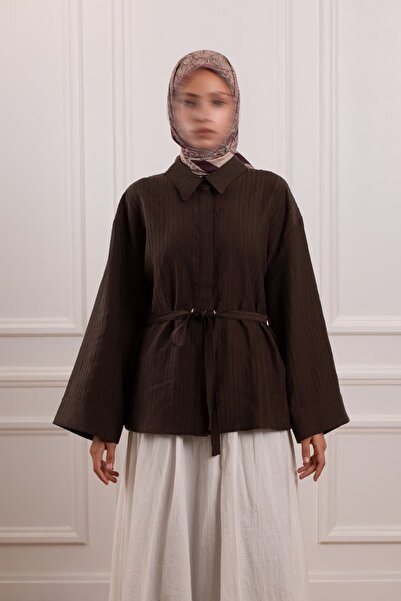 Emare Girdle Detailed Striped Tencel Shirt Bitter Brown