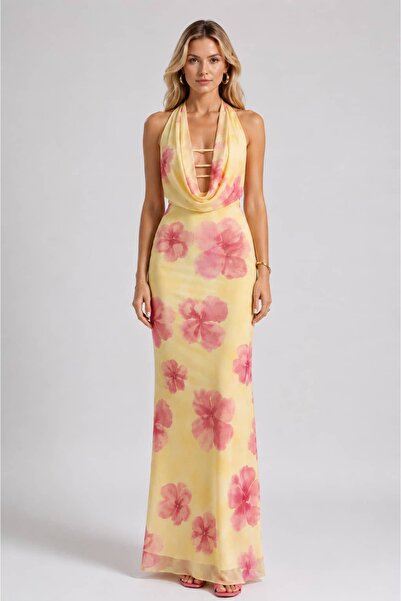 MODA Halter Yaka Çiçek Desenli Maxi Elbise