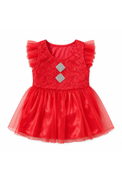 Generic Baby Girls Red Lace & Tulle Party Dress, Size 1Y | Flutter Sleeves, R...