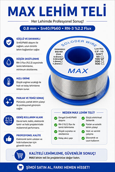 RoboPazar MAX 100 gr Lehim Teli 0.8 mm, Sn40/Pb60, RN-3 %2.2 Flux