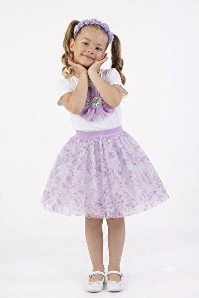 NATS KİDS Girl's Lilac Princess Set Floral Embroidered Short Sleeve T-Shirt a...