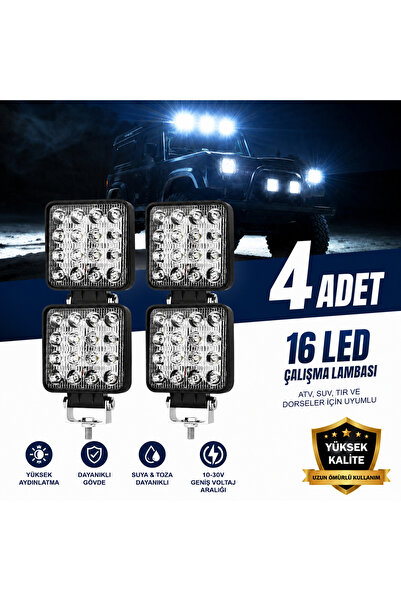 KUTUP TİCARET 4 Adet 16 Ledli Çalışma Lambası 12-24V 48W Offroad Projektör Ge...
