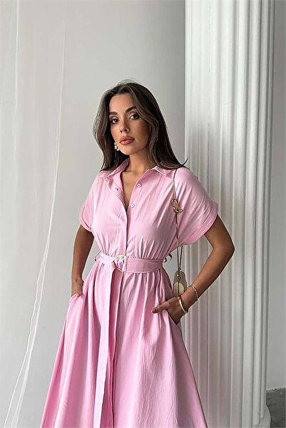 MyLoore Women's Pink Poplin Fabric Belted Dress Mlb211