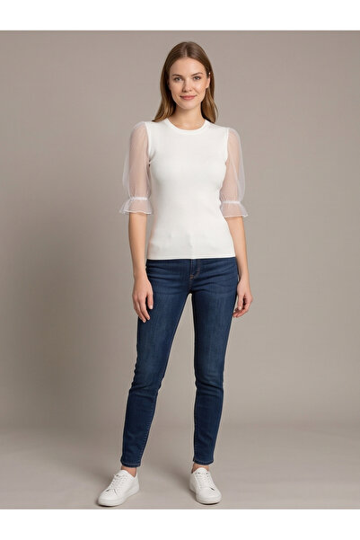 gökçesu Women's Blouse with Tulle Sleeve Detail in Twill Fabric – Elegant and...