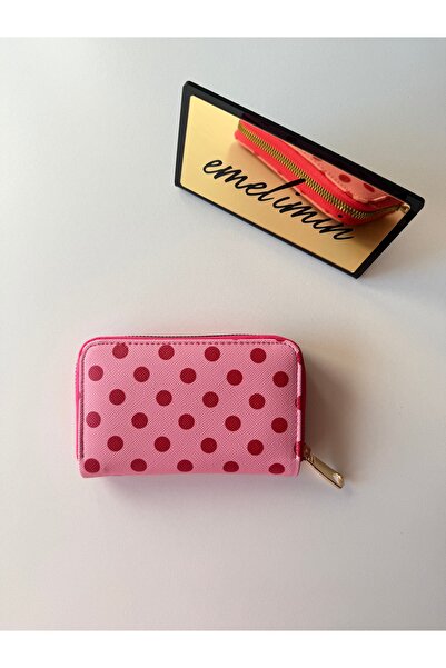emelimin Women's Pink-Red Polka Dot Mini Wallet with Zipper and Coin Compartment