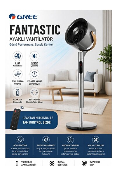 Gree Sessiz Dc Motor, 8 Kademe, Dikey-Yatay Salınım, Dijital Kontrol Gri Fant...