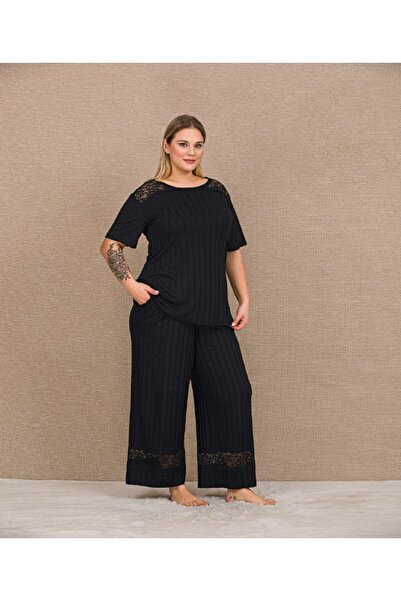 MOPİ Black Relax Ribbed Lace Women's Pajama Set - Standard and Plus Size