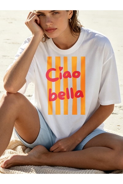 Fleck Womens T Shirts Ciao Bella Graphic Print Summer Casual Oversized Top