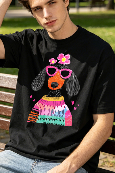 Fleck Colorful Dog With Flowers And Sunglasses T Shirts For Men Dachshund Art...