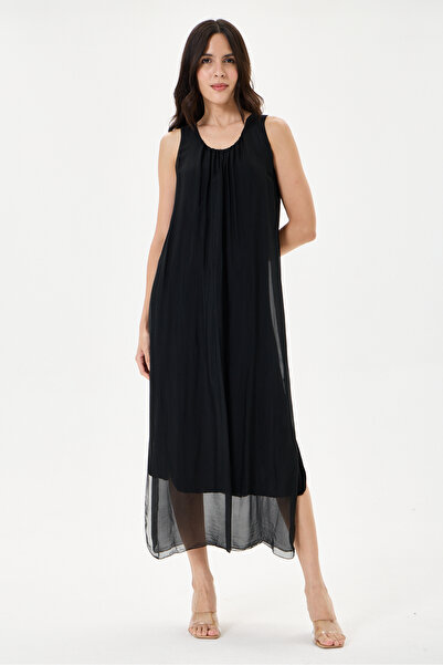 della moor Black Italian Zero Sleeve Lined Plain Silk Dress Size 38 - 42