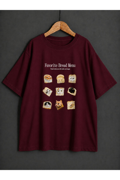 ZİYMO Unisex Cat and Bread Printed Oversize T-Shirt