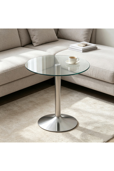 Sinyin Modern Minimalist Round Tempered Glass Coffee Table, Polished Stainles...