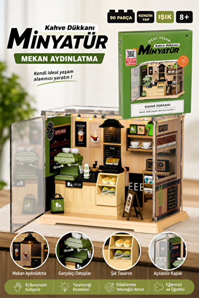Oyuncak Fabrikası DIY Minyatür Kahve Dükkanı Maketi Işıklı 90 Parça Kendin Ya...