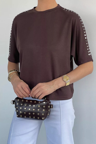 Aryena Brown Women's Oversized Blouse with Metal Stones on the Shoulders