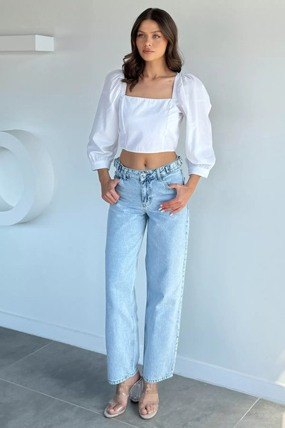Aryena Ice Blue Women's High Waist Belt Detailed Palazzo Jean Denim Trousers