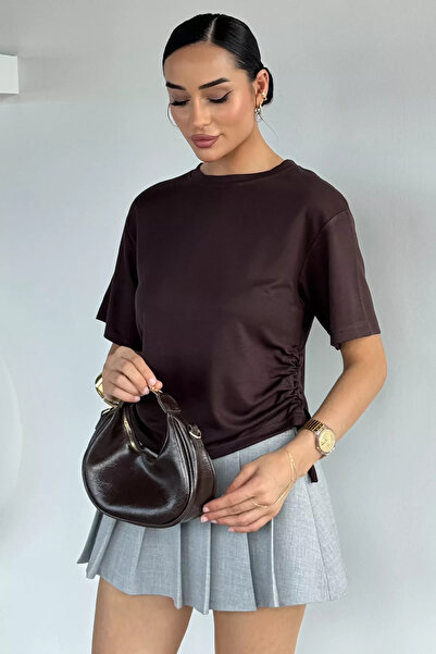 Aryena Brown Women's Crew Neck Blouse with Side Gather Detail
