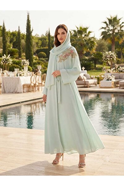MYMİSİY ÖZEL TASARIM ÇİFT KAT ŞİFON ŞALLI KUŞAKLI ABAYA Boy:1.45 cm Şal 70x19...