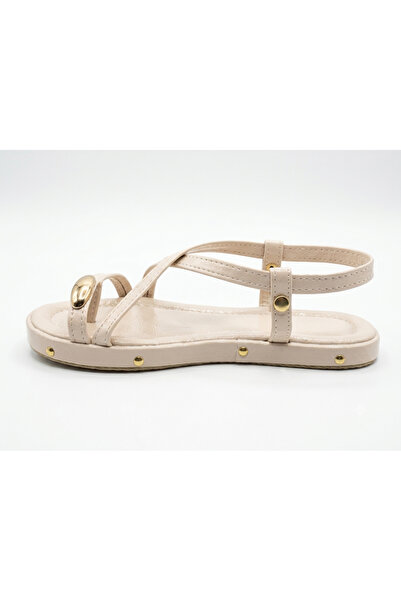 WEBORN Cream Beige Flip-Flop Thermo Non-Slip Sole Gold Stone Detailed Ankle S...