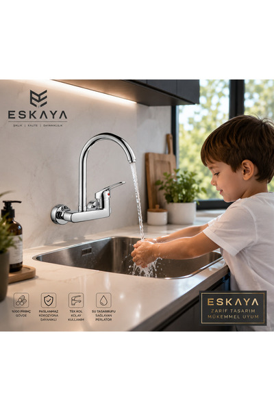 ESHOME ESKAYA Duvardan Sıcak Soguk Girişli Mutfak Bataryası Musluğu Aplike batarya
