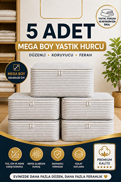 Ferzin 5 Adet - Antrasit Çizgili Büyük Boy Hurç Seti - Baza Altı Ve Çekyat Tipi Organizer - 64 x 40 x 30 Cm