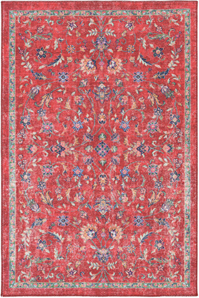 Cool Halı Happy Kırmızı Halı Vintage Çiçek Desenli Kaymaz Taban Bohem Eskitme...
