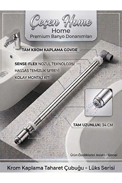 ÇEÇEN HOME Lüks Krom Kaplama Taharet Çubuğu 34 cm - Paslanmaz Klozet Taharet ...
