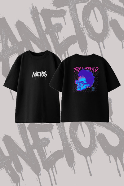 Anetos The Weeknd_3 Μπλουζάκι με στάμπα σε σχέδιο Oversize Crew Neck, Μαύρο