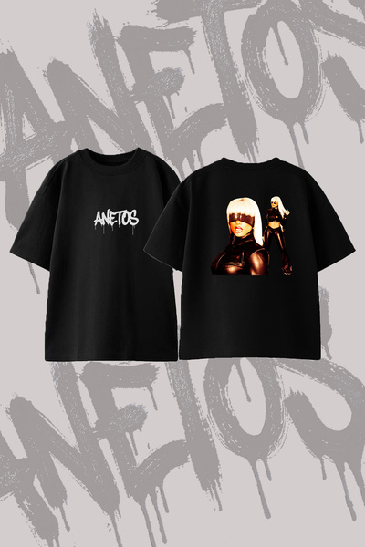 Anetos Masked Leather Women's Design Printed Oversize Crew Neck T-Shirt Black