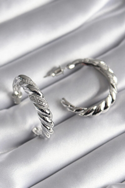 ARMÜZ Brass Silver Color Zircon Stone Spiral Model Women's Earrings