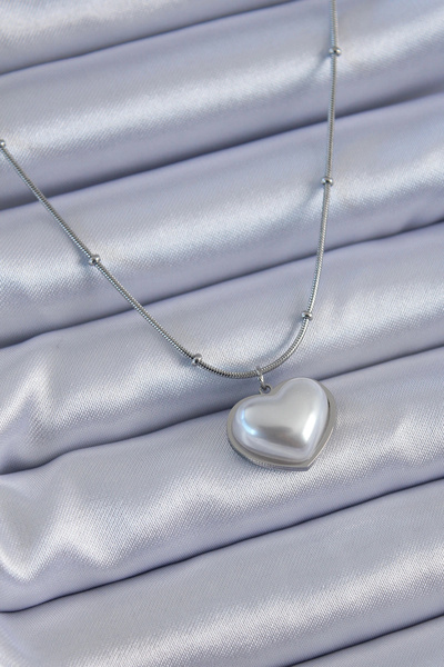 ARMÜZ 316L Steel Silver Color Pearl Heart Model Minimal Ball Detail Women's N...