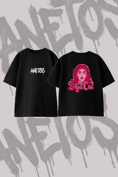 Anetos Doja Cat_7 Design Printed Oversize Crew Neck T-Shirt Black