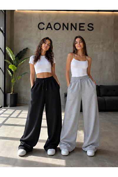 CAONNES 2-Piece Women's Sweatpants (Black-Grey) Oversize Baggy Loose Legs