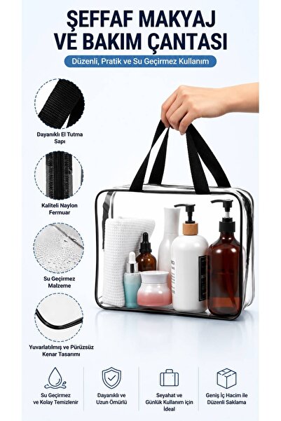 Bambus 3’lü Şeffaf Plaj Makyaj Çantası Seti PVC Kozmetik Organizer Bavul İçi Organizer Plaj Seyahat Çantası