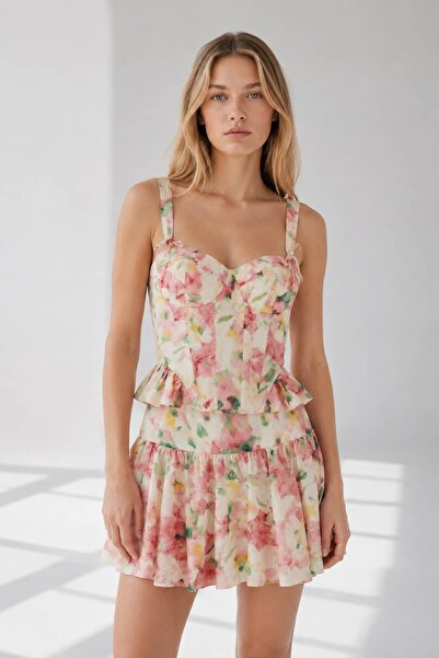 MODA Çiçek Desenli Askı Detaylı Bluz