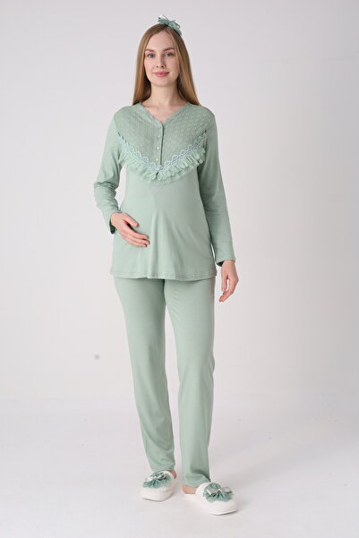 ERDENİZ TEKSTİL V-Neck Lace Ruffle Detailed Buttoned Front Maternity & Postpa...