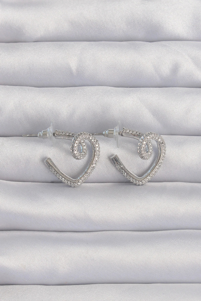 ARMÜZ Brass Silver Color Zircon Cubic Zirconia Curved Half Heart Earrings